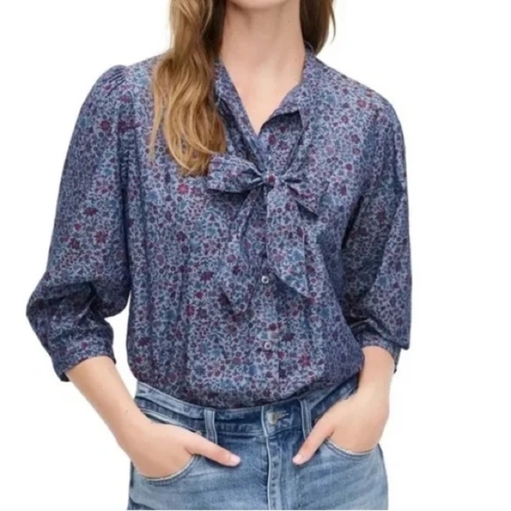Floral Blue Blouse with Bow Detail